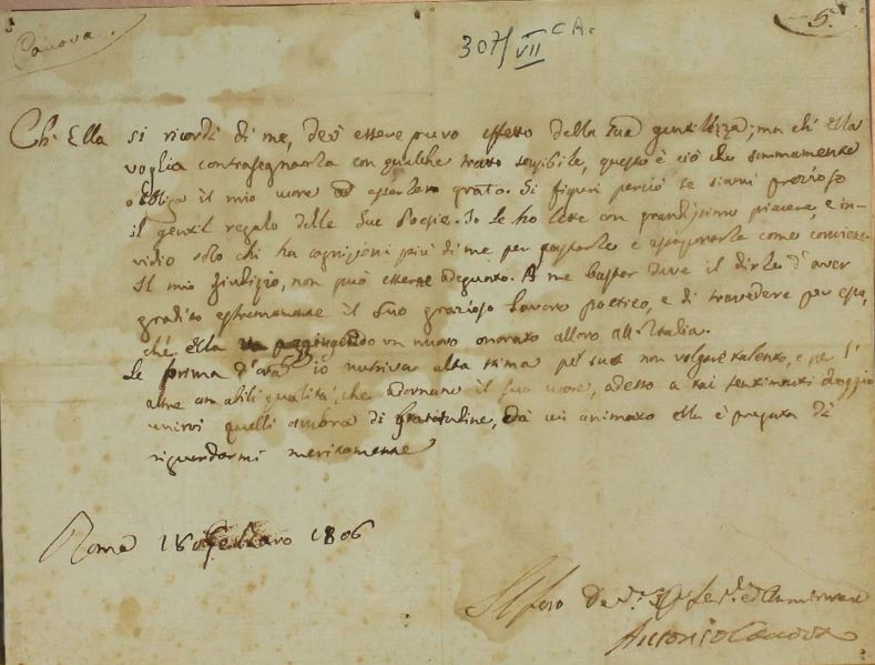 Lettera autografa di Antonio Canova