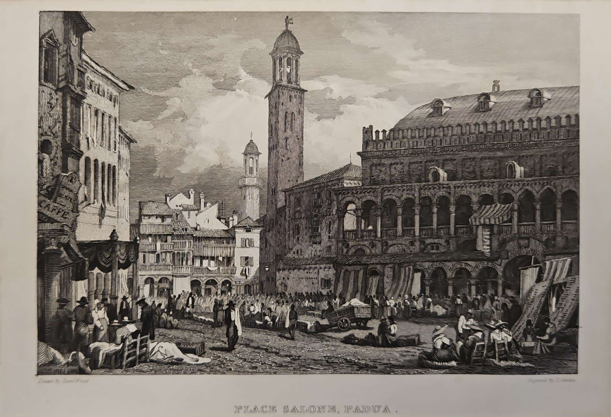 Piazza dei Frutti. Veduta del lato sud-est, incisione in bianco e nero