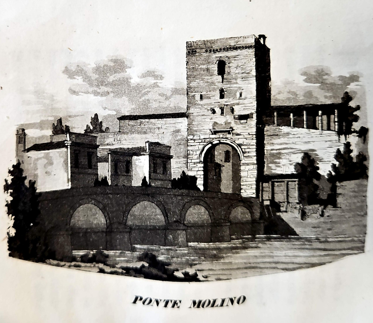 Ponte Molino con la torre, incisione da Pietro Chevalier